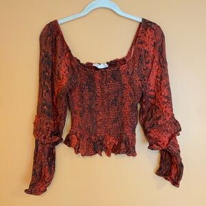 Vintage Havana Red Snake Print Crop Long Sleeve Blouse M